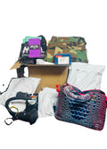 Collection of tactical gear including a helmet, pouch, and boxes on a white background